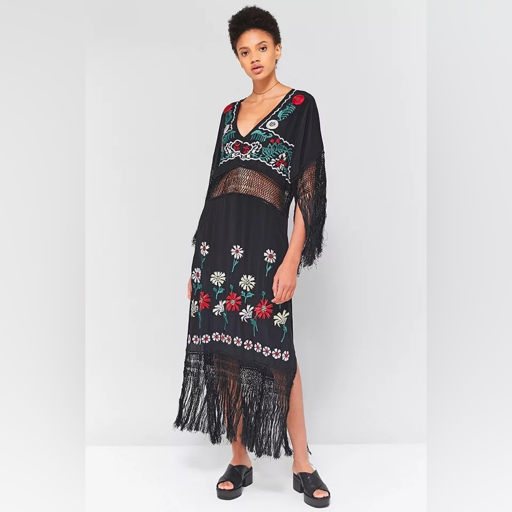 NWT Rare Free People Ella Floral Embroidered Fringe Dress XS